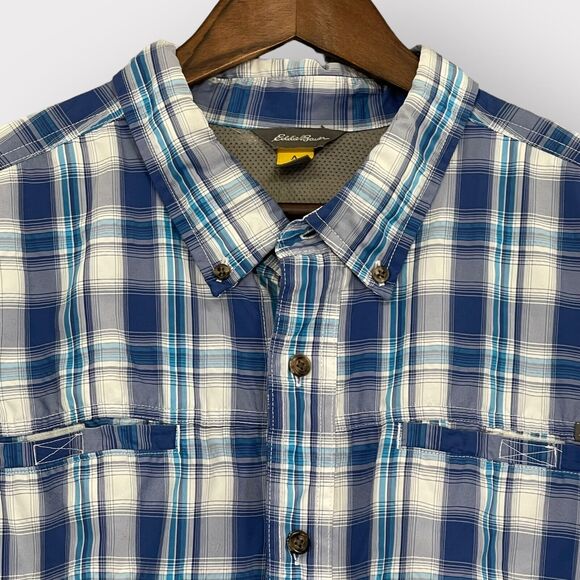 Eddie Bauer Travex Button‎ Down Shirt Men 2XL Blue Plaid Short Sleeve Pockets - Picture 3 of 13